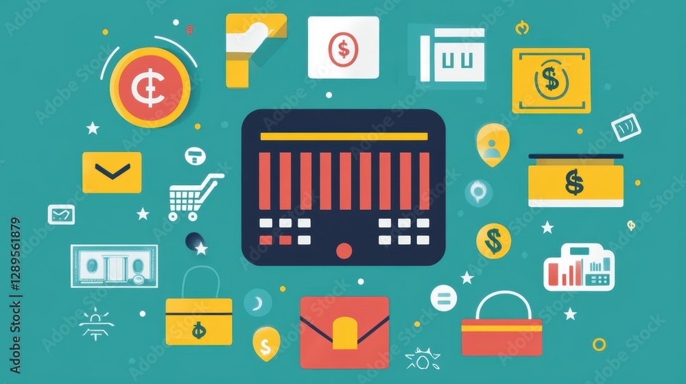 Poster flat design icons representing financial transactions and business analytics