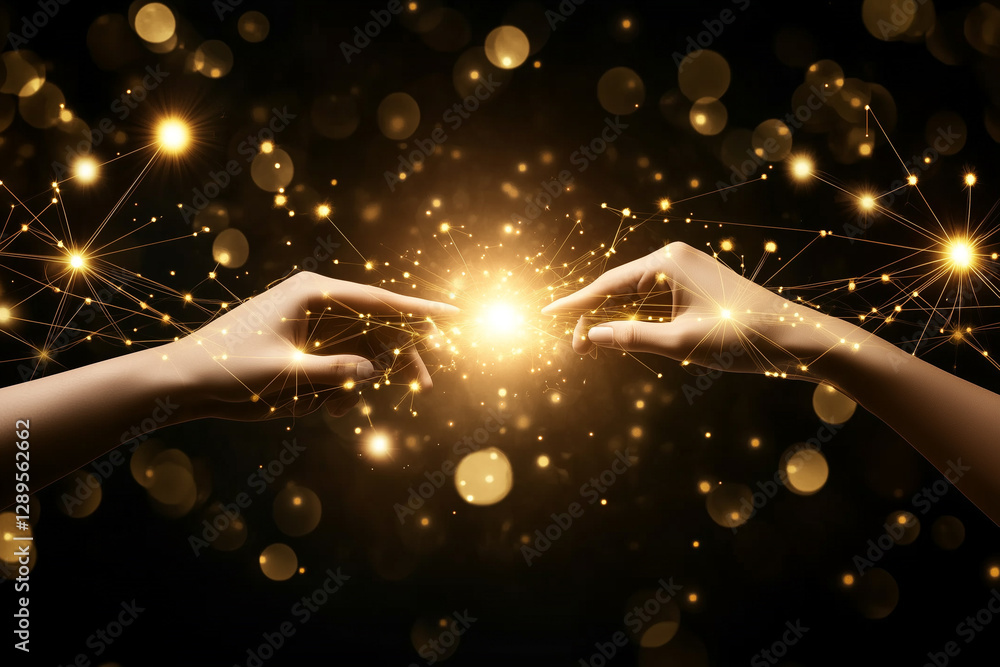 Poster human and robot hands touching with big data connections in a glowing network background