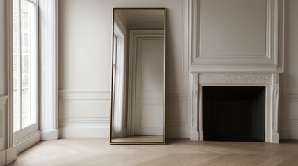 A large, full-length mirror with a brass frame, standing on the floor in front of a fireplace and bedroom door. The light wood floors and modern home decor.