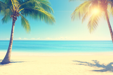 Fototapeta premium Vintage Toned Beach Scene with Sandy Shoreline, Coconut Palm Trees, and Ocean Flare