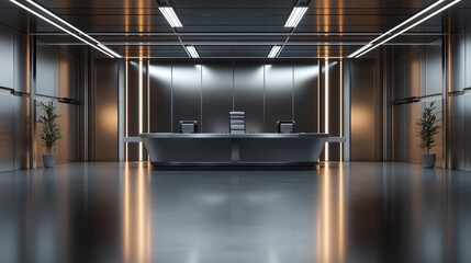 Sleek High-Tech Workspace Featuring a Polished Concrete Floor and Futuristic Metallic Backdrop, Enhanced by LED Strip Lighting, for Showcasing Cutting-Edge Tech Gadgets and Modern Office Products