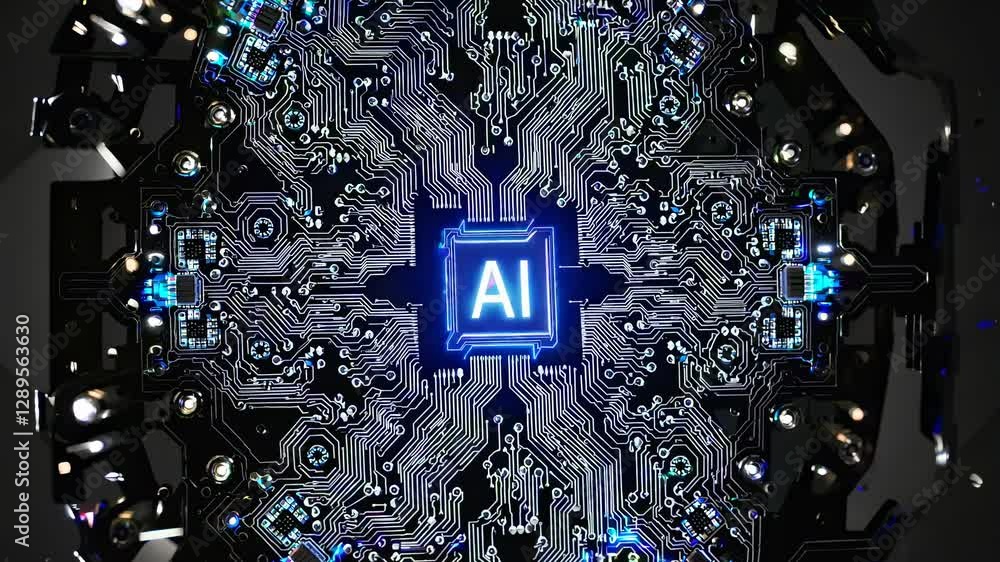 Aufkleber top-down view of a glowing ai circuit board, with blue neon lights and intricate patterns, creating 