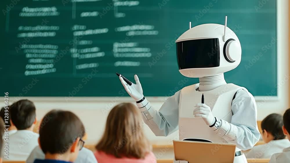 Poster a humanoid robot instructor gestures in front of a chalkboard filled with notes. concept of futurist