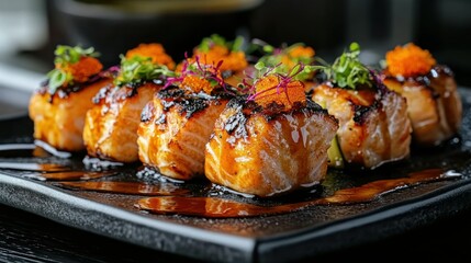Grilled salmon sushi restaurant appetizer close-up