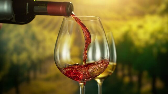 Super Slow Motion of Pouring Red Wine into Glass. Filmed on High Speed Cinema Camera, 1000 fps. Vineyard on Background. Camera in Motion. Speed Ramp Effect.