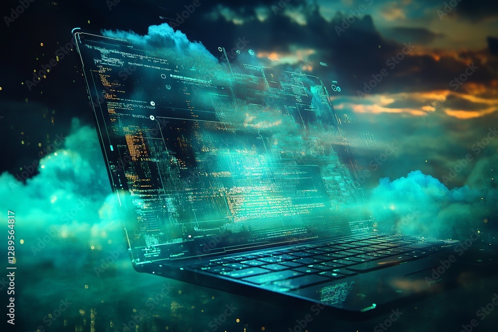 Poster futuristic laptop screen digital code cloud computing technology abstract background modern green te