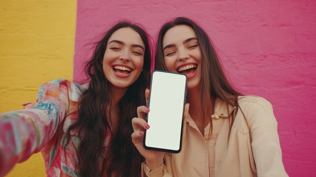 Two friends smiling and showing smartphone with blank screen