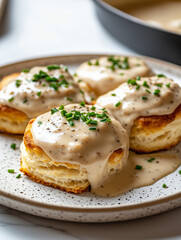 Biscuits with Sausage Gravy, Garnished with Chives and Pepper