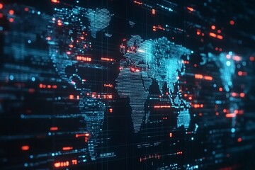 Digital World Map Abstract Background Futuristic Technology Global Network Data Visualization Modern Blue Red Digital Code Innovative Design Graphic