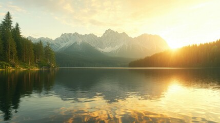 Fototapeta premium Impressive summer sunrise on Eibsee lake with Zugspitze mountain range. Sunny outdoor scene in German Alps, Bavaria, Germany, Europe. Beauty of nature concept background.