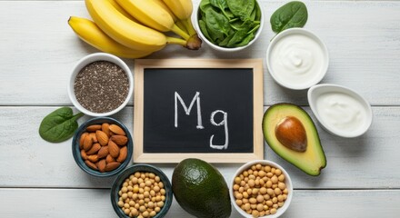 Healthy food arrangement featuring magnesium-rich ingredients like bananas and spinach