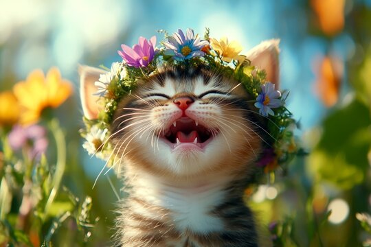 Cute baby cat pixiebob wearing primal flower circlet on its head. Warm season happiness. Sunny daylight. Playful kitten celebrating holidays. Small cat with a floral wreath.