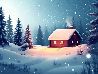 Fototapeta premium Snowy Cabin in Woods - Winter Scene - Peaceful