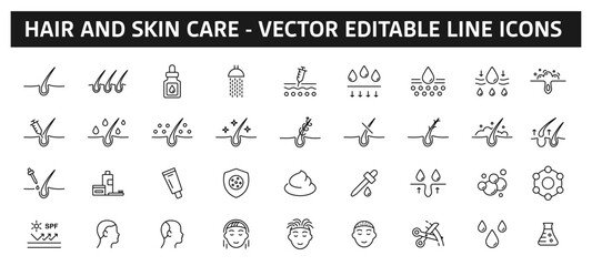 Hair and Skin Care, Shampoo - vector line editable icons. Hair and skin health product icons.