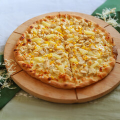 pizza with chicken, corn, cheese, tomatoes, copy space, moc up