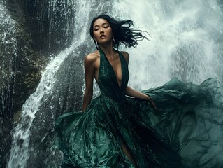 Asian woman in an elegant green dress with a plunging neckline in front of a waterfall
