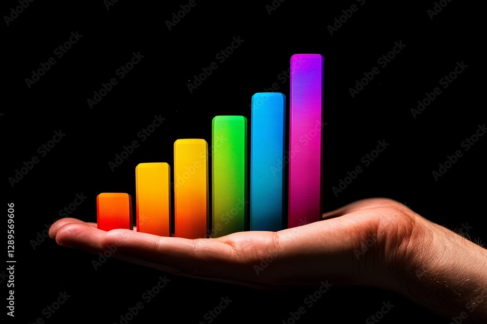Poster colorful rising bar graph in hand success growth progress rainbow chart financial business data anal