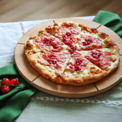 pizza with ham, lingonberry, cheese, tomatoes, copy space, moc up