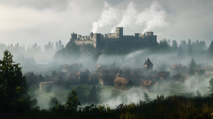 Fototapeta premium A fortified knight city atop a hill surrounded by deep forests and rolling fields with smoke rising from chimneys.