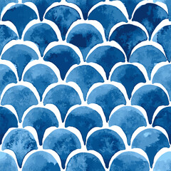 Blue watercolor scallops background, seamless vector pattern