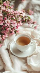 Elegant cup of tea surrounded by beautiful pink spring blossoms on a soft white fabric backdrop, evoking serene tranquility.