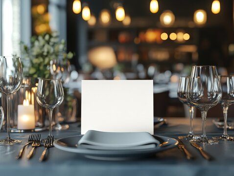 An elegant table setting in a dimly lit restaurant featuring crystal glassware, candles, and a blank menu card.