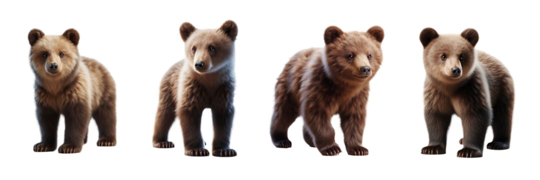 Four bear cubs stand together, showcasing their playful nature. They exhibit various poses, highlighting their curiosity and innocence in a bright, outdoor environment