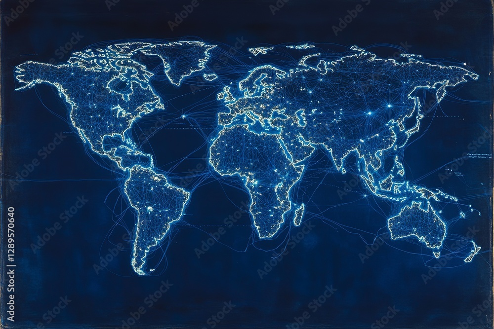 Aufkleber global network connections illuminated world map digital art abstract blue technology background int