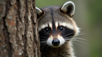 Fototapeta premium Raccoon Peeking from Behind a Tree