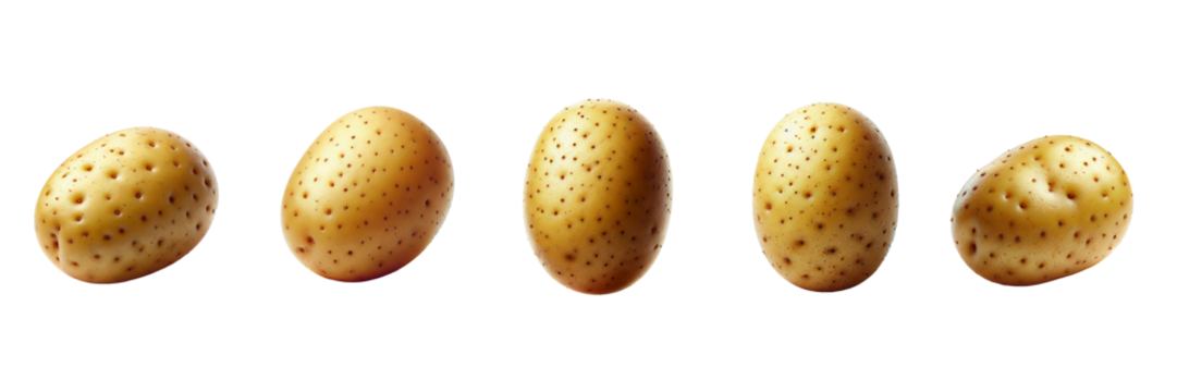 Fresh potatoes of varying sizes are arranged in a line against a simple background, highlighting their distinct textures and shapes under even lighting