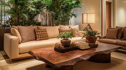 Beige sofa and wooden coffee table create a stylish living room. Plants and personal accessories add elegance. Brown pillow and plaid add coziness. Home decor creates a warm and inviting atmosphere.