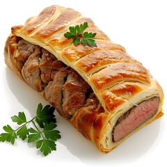 Beef Wellington with golden puff pastry and parsley garnish isolated on white background. Studio food photography. Gourmet meat dish and holiday meal concept. Design for poster, banner, print