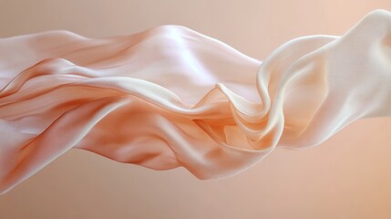 Fototapeta premium Elegant peach silk fabric draped in motion against a soft beige background, capturing a sense of fluidity and grace.