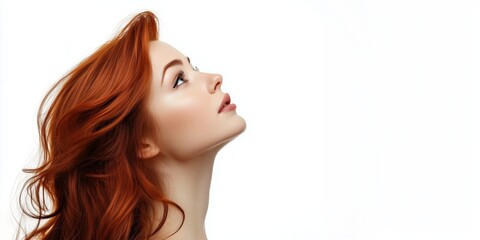 Fototapeta premium Profile of a young woman with vibrant red hair, gazing upwards against a white background, showcasing beauty and elegance.