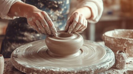 Close-up of skilled hands shaping a clay pot on a pottery wheel in an art studio, highlighting craftsmanship and creativity.