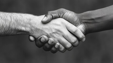 Fototapeta premium A black and white photo of two hands shaking, representing cooperation, diversity, and unity between different backgrounds.