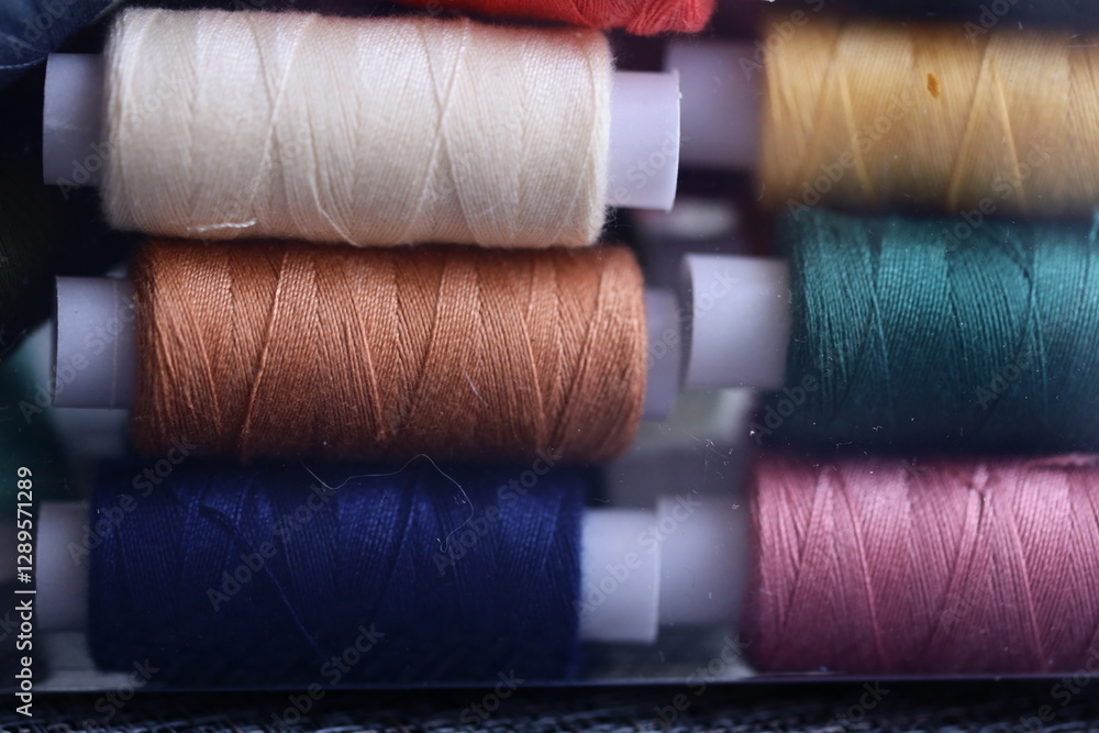 Poster A collection of thread spools stacked on top of each other, often used as decorative storage or in craft projects.