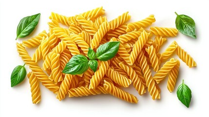 Fresh pasta spirals with basil on white background