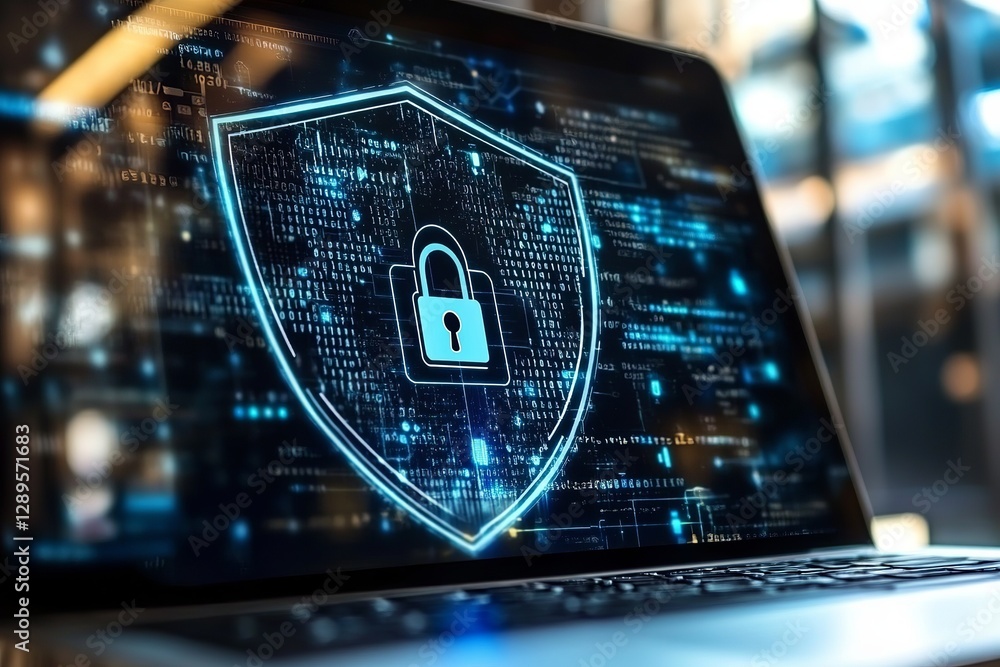 Poster digital security shield cyber protection laptop screen modern technology data privacy secure network