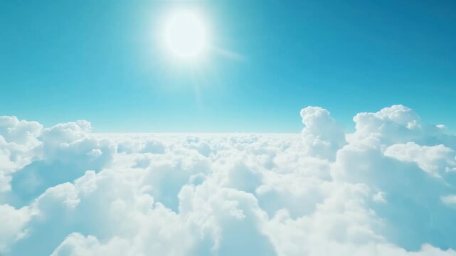 A stunning view of a bright blue sky filled with soft, white clouds as the camera glides forward. A peaceful and immersive scene that evokes freedom, serenity, and the beauty of nature