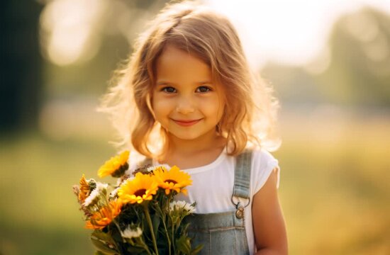 Adorable Little Girl Holding a Bouquet of Sunflowers, Smiling Joyfully While Looking at the Camera in a Bright and Cheerful Scene