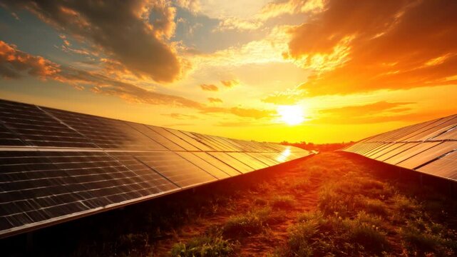 Solar Panel Field at Sunrise with Golden Light, Clean Energy and Sustainable Technology in a Scenic Landscape