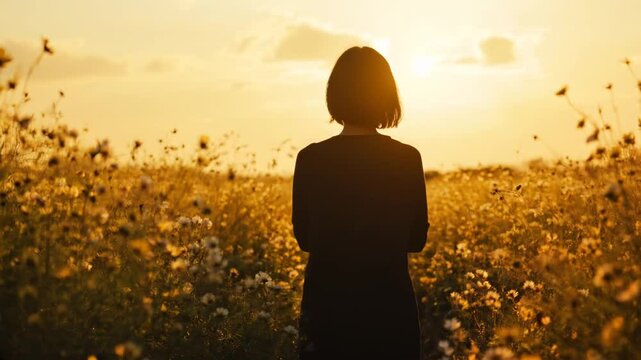A serene back view of a woman strolling through a vibrant flower field bathed in gentle, golden light. The peaceful scene evokes harmony, freedom, and a deep connection with nature