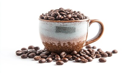 Fototapeta premium Coffee mug with grinded coffee beans, isolated on a white background.