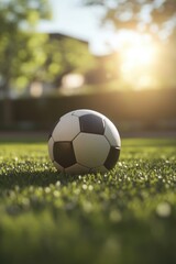 Fototapeta premium Soccer ball on grass lawn. Outdoor activity.
