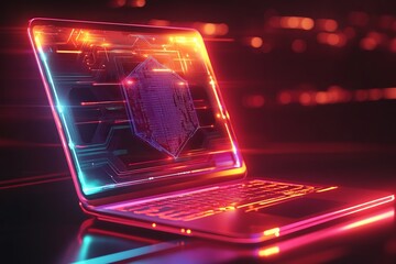 Neon Glowing Laptop Screen Digital Data Network Technology Abstract Background Futuristic Modern Design Innovation Cyber Security Graphic Illustration