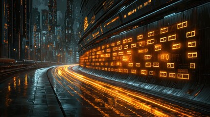 Futuristic city street, glowing data displays, night traffic blur