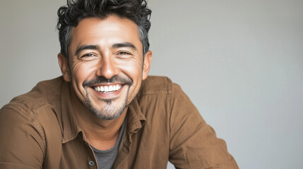 Obraz premium Casual and Friendly Hispanic Man in His 40s Smiling Warmly While Sitting in a Relaxed Pose Against a Solid Light Gray Background, Exuding Confidence and Approachability