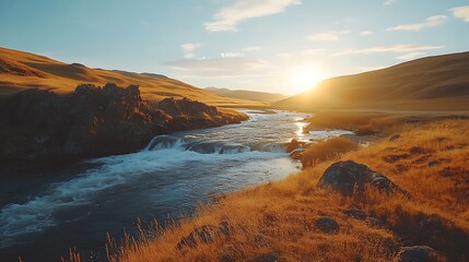 Obraz premium A serene river flows through a beautiful golden landscape at sunset