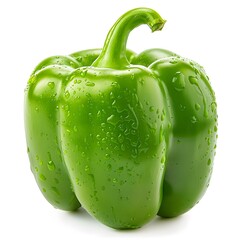 Single green bell pepper with water droplets isolated on white background. Studio macro photography. Vegetable and healthy food concept. Design for poster, banner, print, sticker, greeting card

